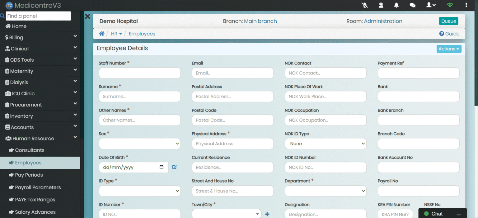 Medicentrev3 HR Module displaying centralized staff profiles - keeping complete employee records from personal details to qualifications and contracts - all in one secure place.