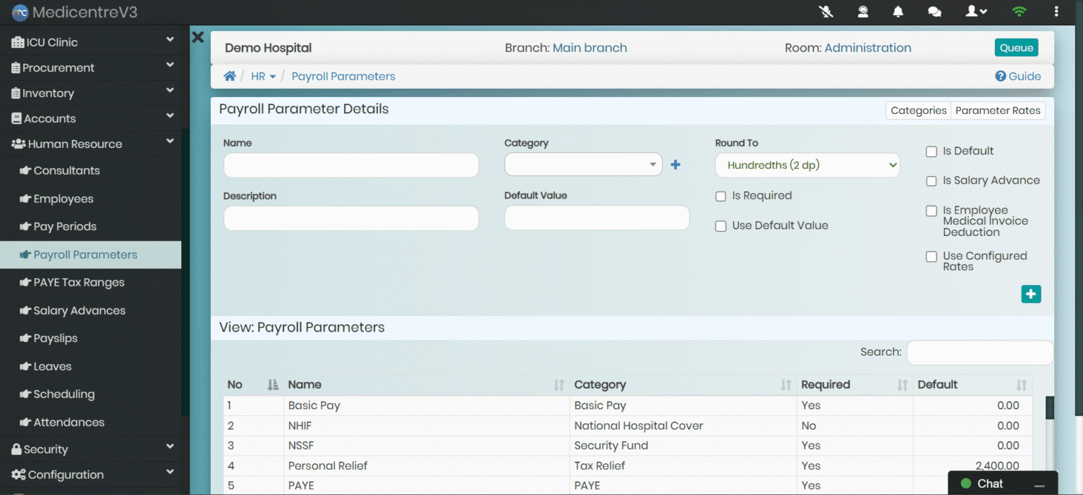 MedicentreV3 HR Module showing Integrated Payroll & Leave Management - syncing attendance, overtime, and leave data directly into payroll