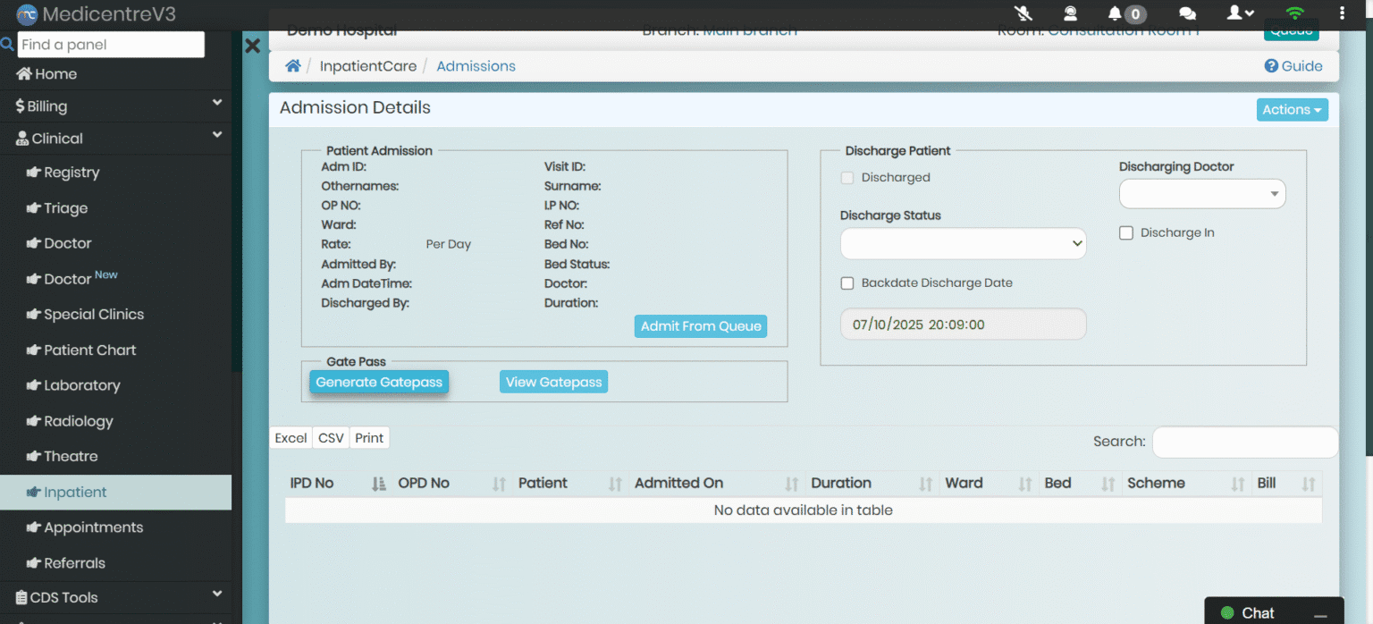 MedicentreV3 Hospital ERP Inpatient Module displaying admission details for hospital patients.