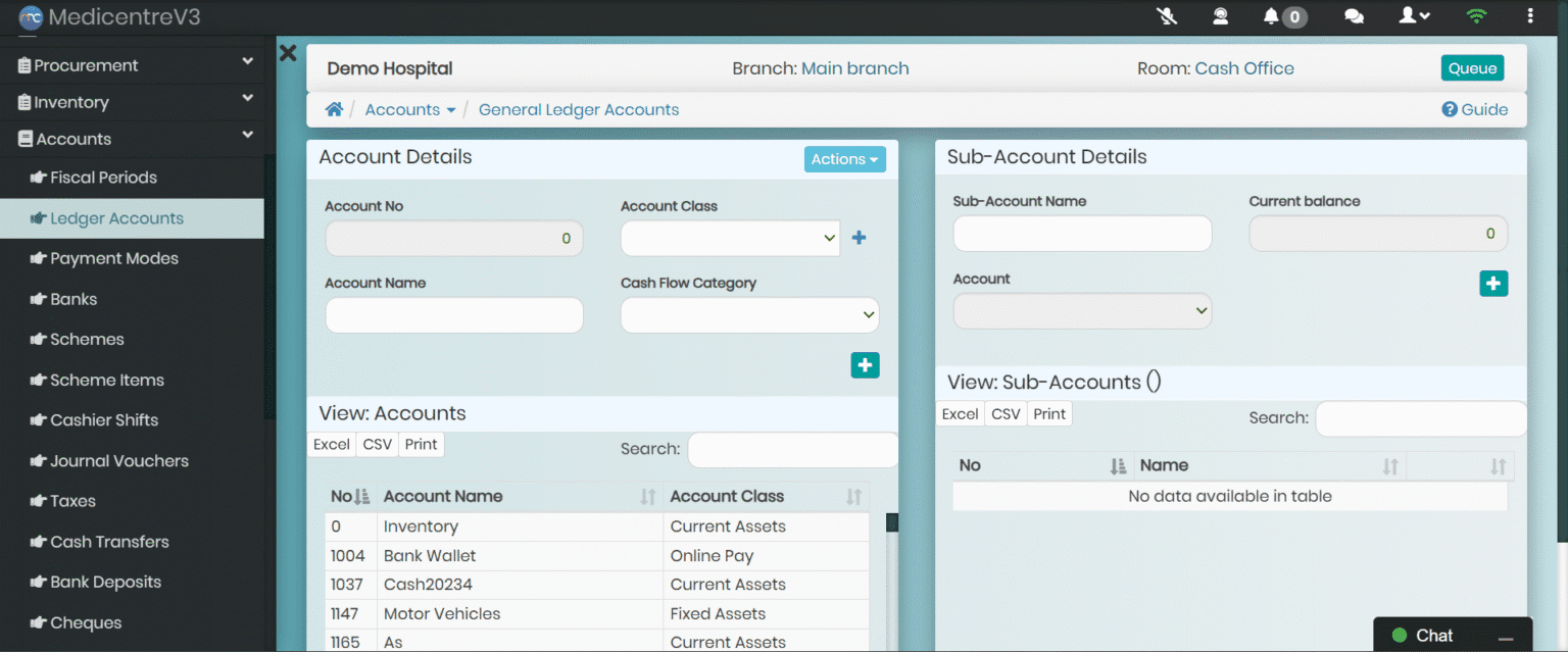 MedicentreV3 General Accounting module displaying Automated Journal Entries showing every transaction from billing to procurement syncs automatically to the ledger