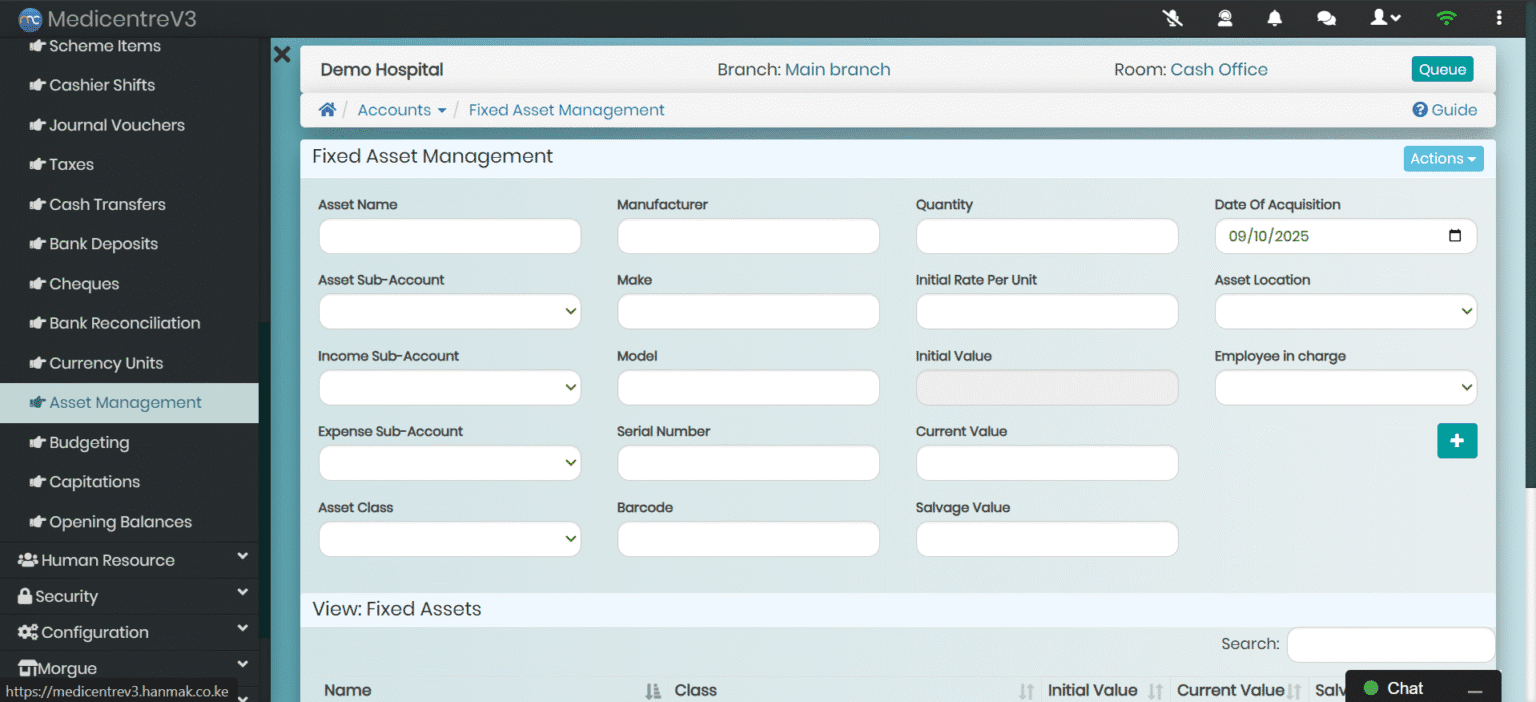tracking all hospital assets from medical equipment to furniture in MedicentreV3 HMIS.