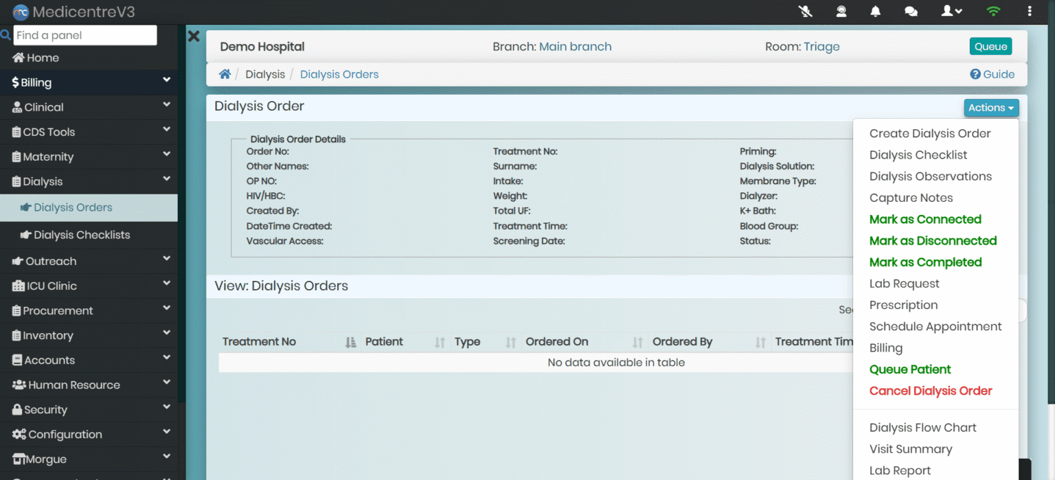 MedicentreV3 Pharmacy Module displaying planning and managing dialysis sessions effortlessly by tracking chair availability, nurse assignments, and patient frequency.
