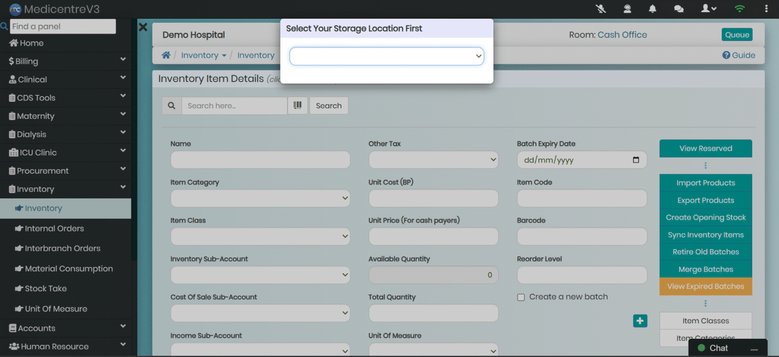 MedicentreV3 Inventory Module showing Real-Time Stock Monitoring - tracking every item from drugs to consumables across all departments in real time