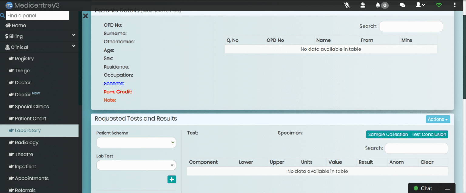 MedicentreV3 Laboratory Module displaying automated workflow tracking From sample collection to result validation
