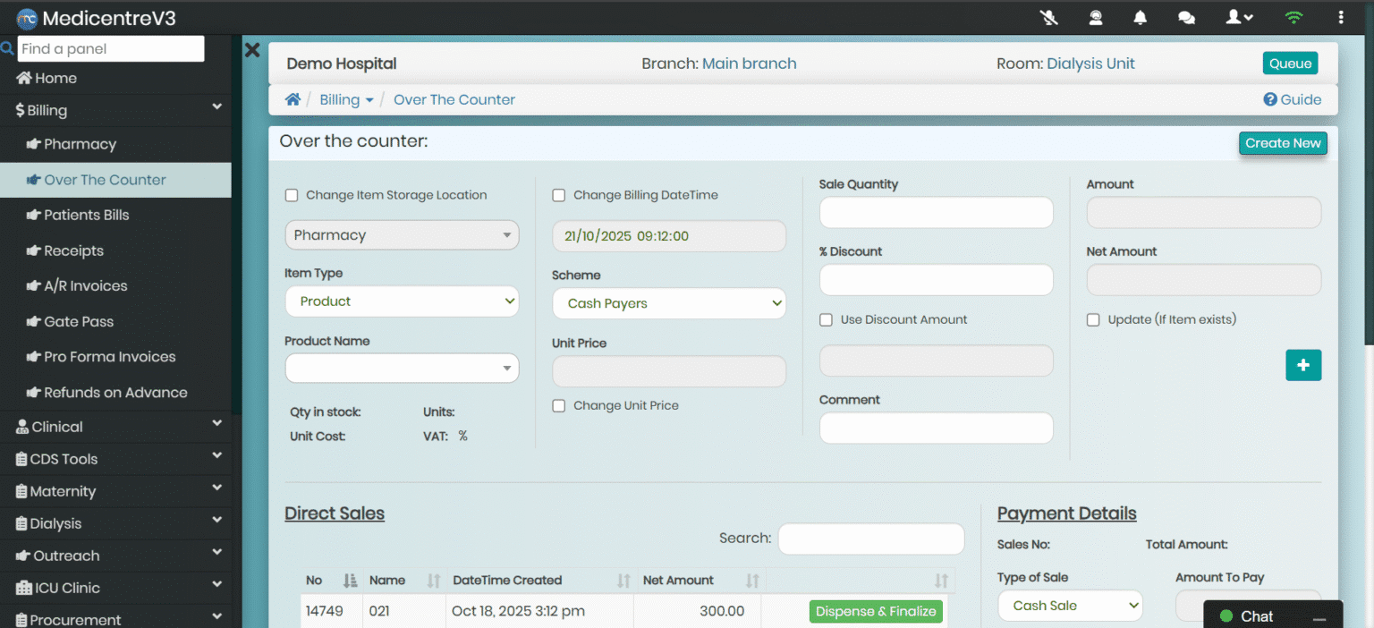 MedicentreV3 Over the Counter Module showing Fast Walk-In Sales processing cash or insurance sales quickly for non-admitted patients