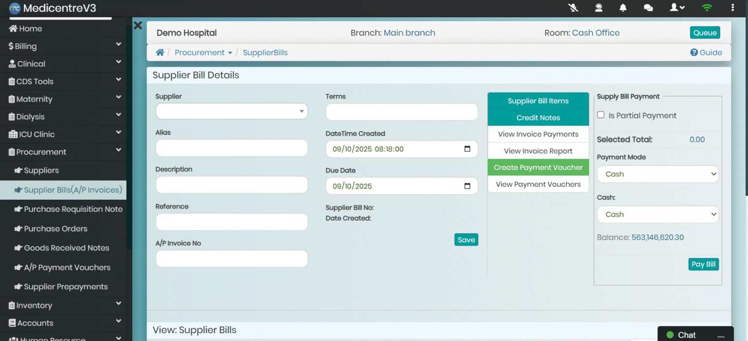 MedicentreV3 Procurement module showing Supplier & Quotation Management comparing supplier quotes, approve purchases, and generate POs, all from MedicentreV3 HMIS