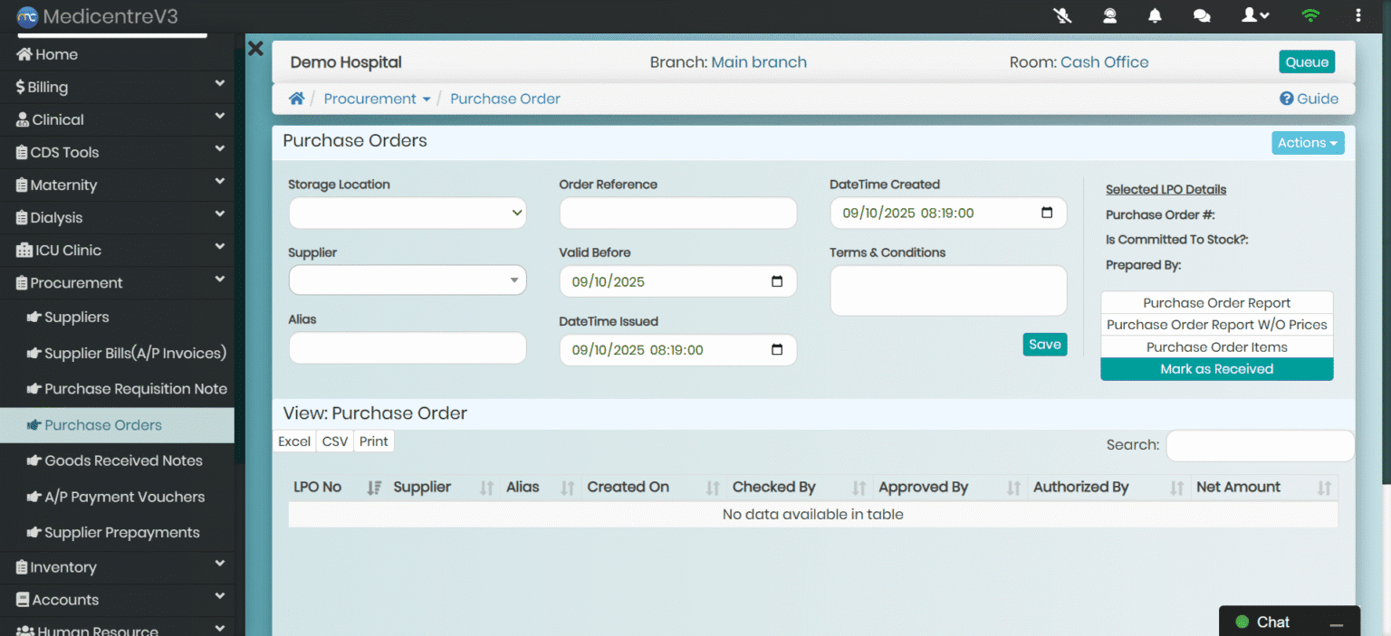 MedicentreV3 Purchase Module showing Smart Purchase Requisitions where departments can raise and track requests digitally