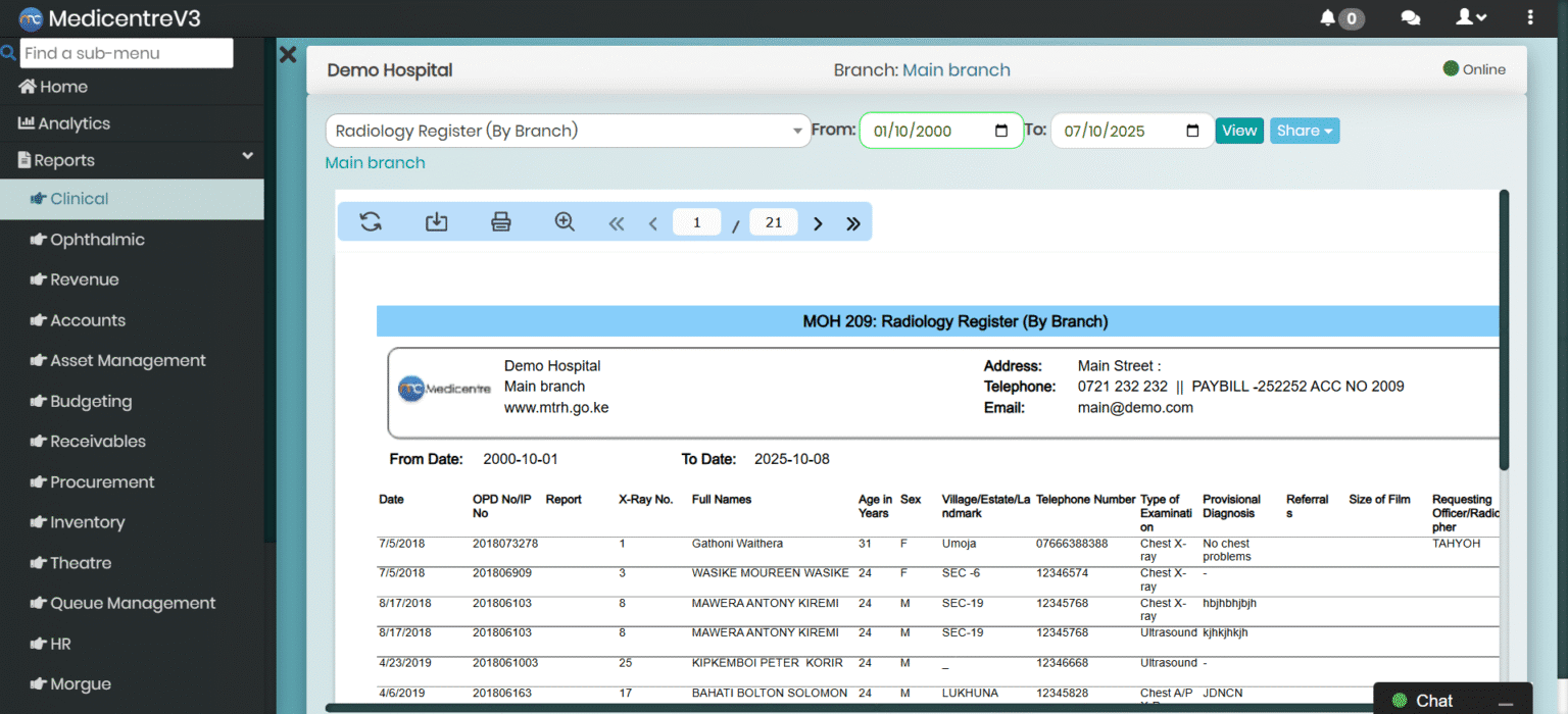 MedicentreV3 Radiology Module displaying the MOH Radiology Reports monitoring pending, completed, and verified tests in real time
