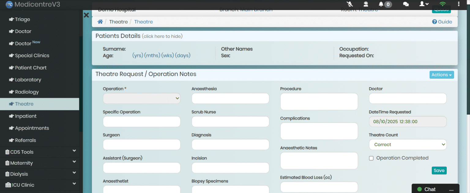 MedicentreV3 Theatre Module displaying Surgery Scheduling & Booking - planning and manage theatre sessions with ease