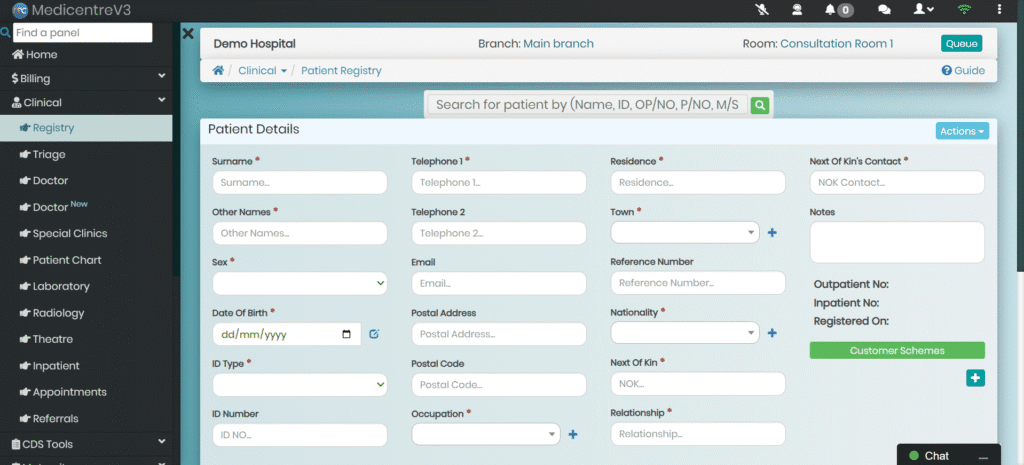 MedicentreV3 HMIS Outpatient Module - patient registration workflow.