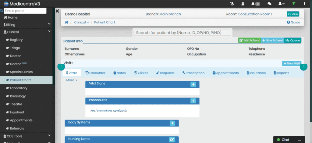 MedicentreV3 Outpatient Module displaying a patient’s medical chart and visit history