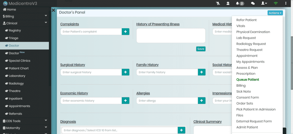 MedicentreV3 HMIS Outpatient Module - doctor's workflow.