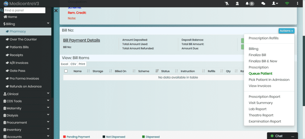 MedicentreV3 HMIS Outpatient Module - Pharmacy workflow.