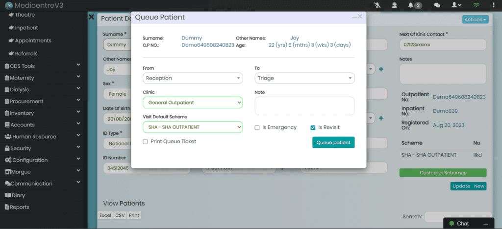 MedicentreV3 HMIS Outpatient Module - intelligence queue panel.