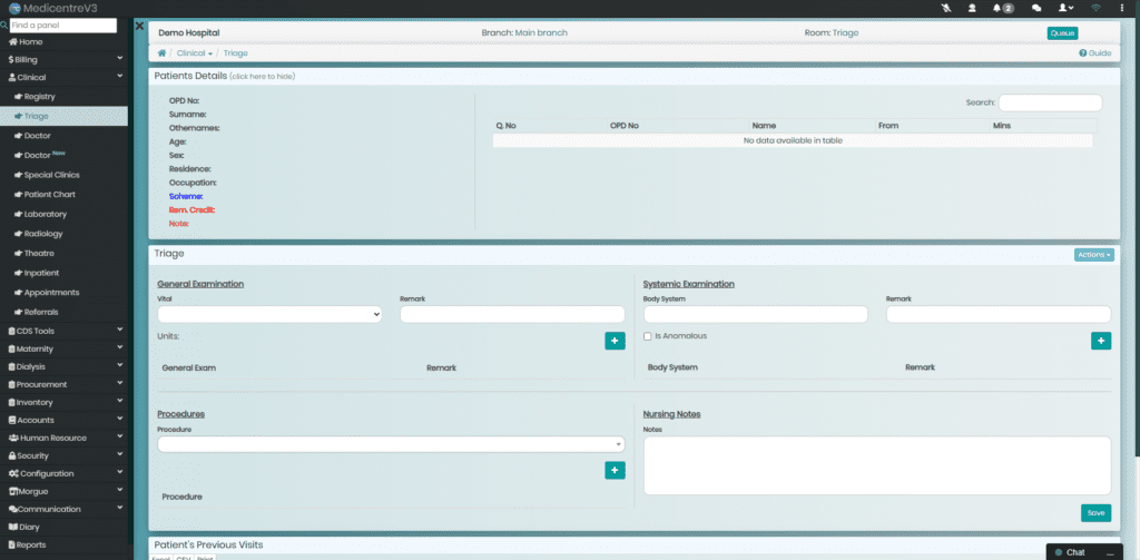 MedicentreV3 HMIS Outpatient Module - Triage workflow.