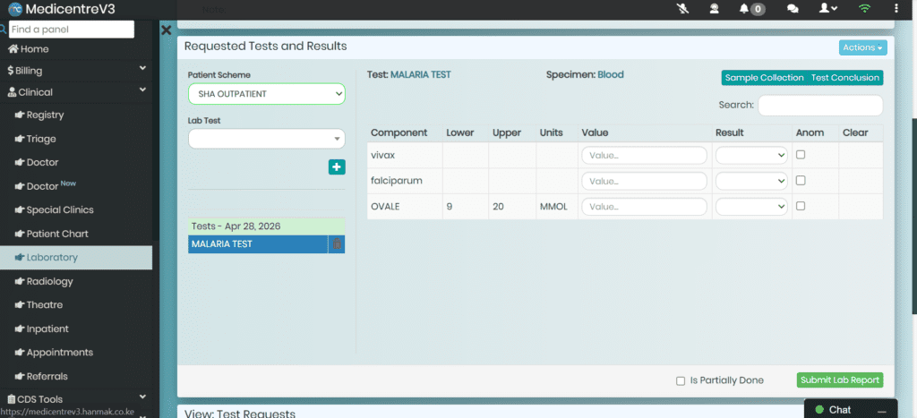 Test specific result entry