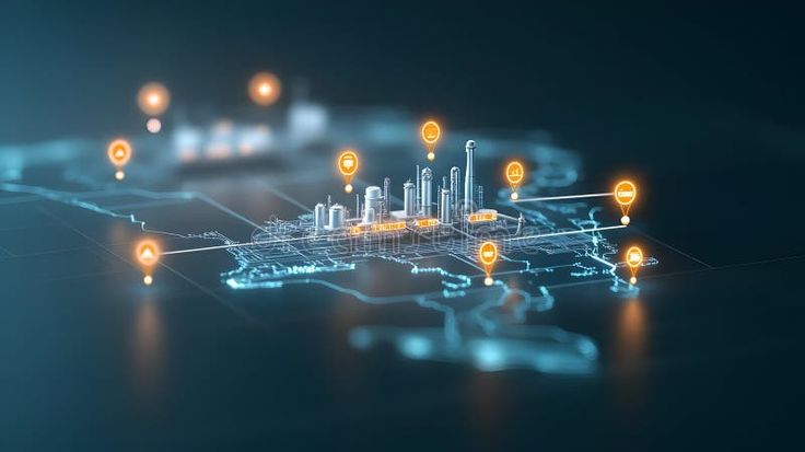 A digital rendering of a futuristic cityscape is overlayed on a dark blue map royalty f